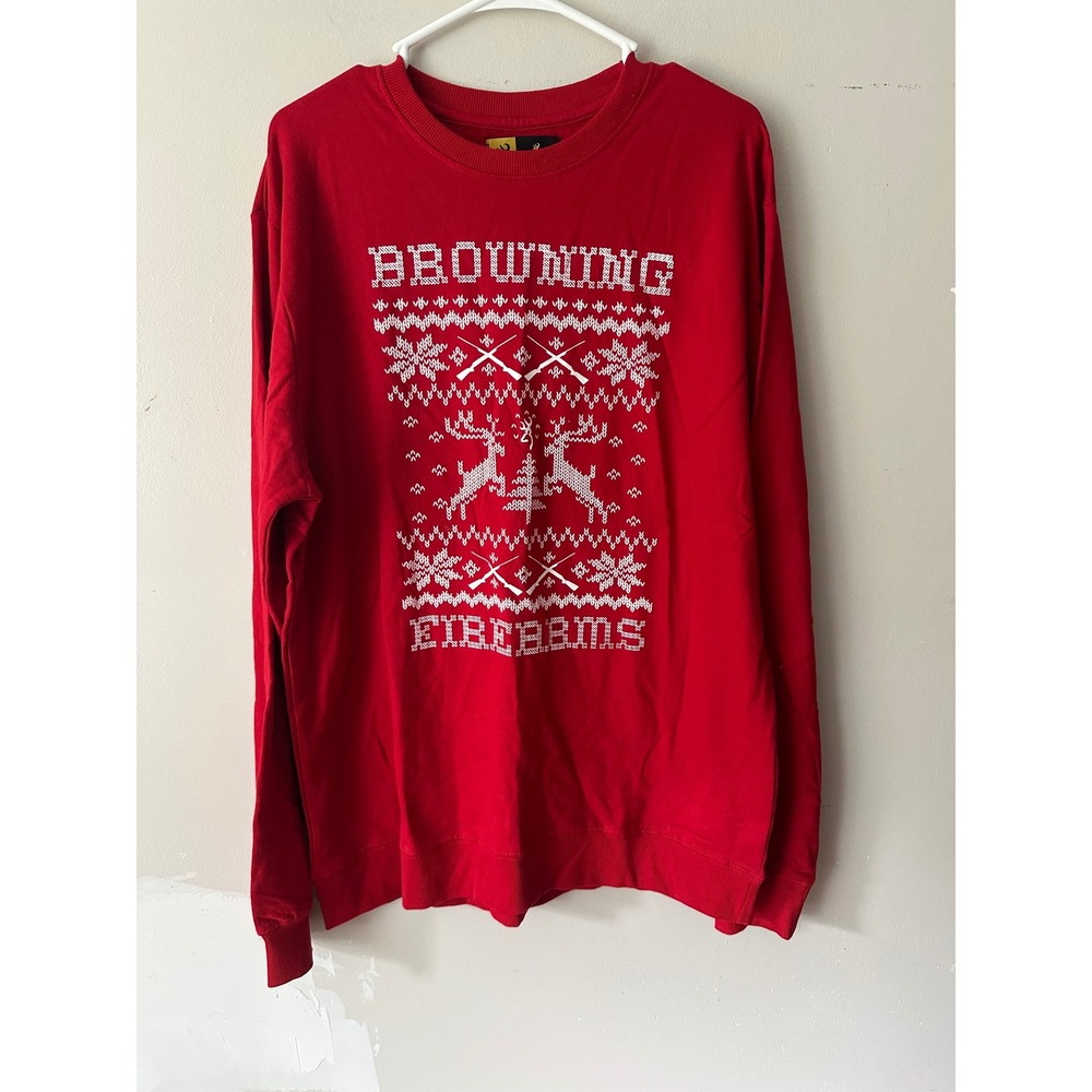 Browning Firearms Mens Red Holiday Fair Isle Deer Rifle Sweatshirt XL